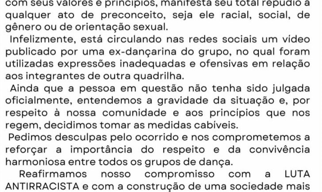 Racismo em evento junino revolta público e Quadrilha Lambadão emite nota de repúdio após fala ofensiva viralizar nas redes sociais